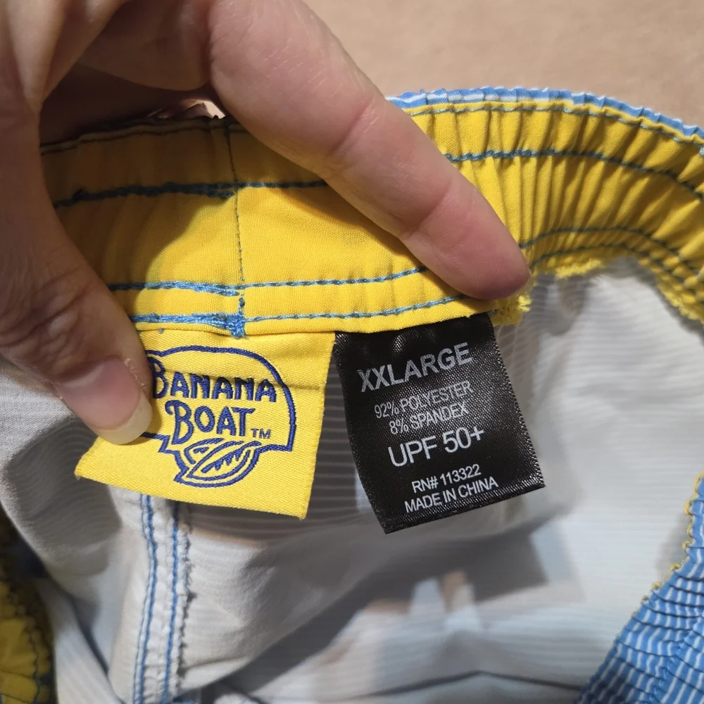 Banana Boat Mens Blue Striped Swim Shorts with‎ Yellow Drawstring Size XXL Beach